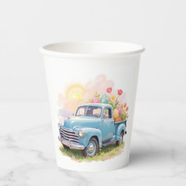 Vasos De Papel Camión Azul Vintage con Huevos de Pascua y Tulipan