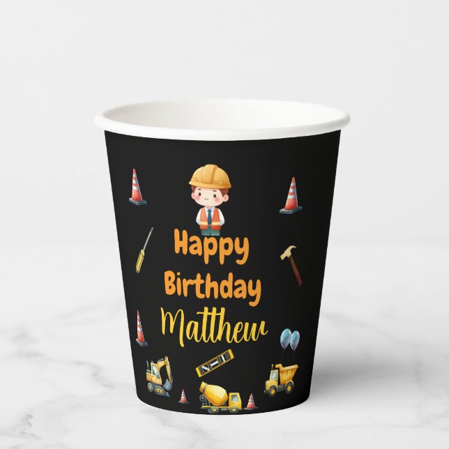 Vasos De Papel Camión de construcción para niños cumpleaños Cama  (Anverso)