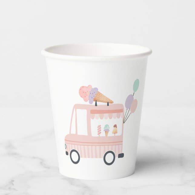 Vasos De Papel Camión helado primer cumpleaños Fiesta dulce rosa  (Anverso)