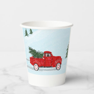 Vasos De Papel Camión rojo pequeño con árbol de Navidad en la nie