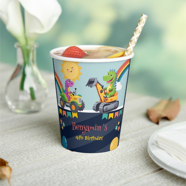 Vasos De Papel Camión tractor de dinosaurios lindo Globo arco iri (in situ)