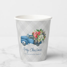 Vasos De Papel Camioneta de Navidad Azul Vintage Plaid Granja Gri