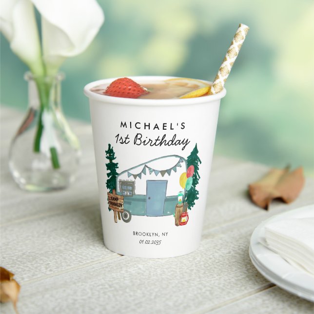 Vasos De Papel Camper Van Trees Camping Feliz Primer Cumpleaños (in situ)