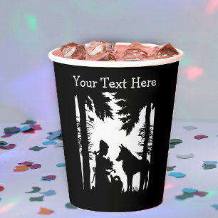 Vasos De Papel Caperucita silueta Bosque Lobo negro y blanco