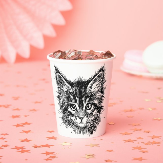 Vasos De Papel Cara de gatito negro y blanco (in situ)