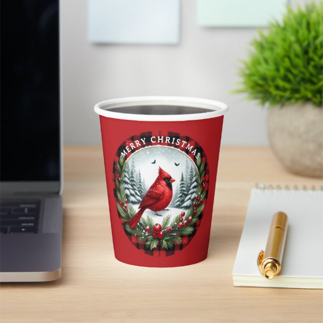 Vasos De Papel Cardenal Rojo con Bayas de Acebo (in situ)