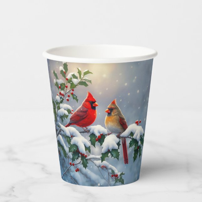 Vasos De Papel Cardenales rojos y Holly en la nieve (Anverso)