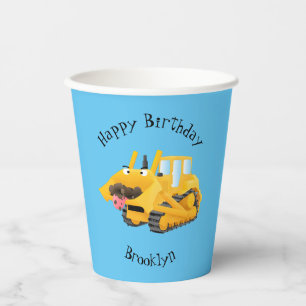Vasos De Papel Caricatura graciosa amarilla con bulldozer