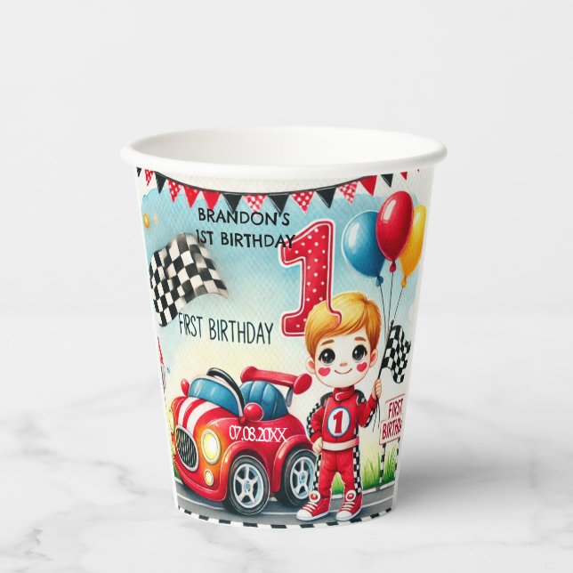 Vasos De Papel Carreras Car Boy Primer Fiesta de cumpleaños (Anverso)