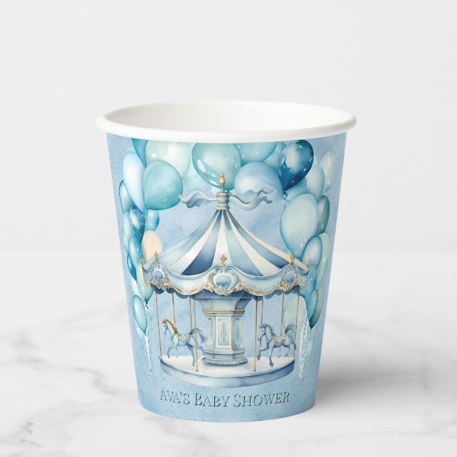 Vasos De Papel Carrusel azul con Arch Balloons Boy Baby Shower (Anverso)