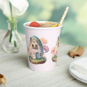 Vasos De Papel Casa con forma de conejo y huevo rosa estilo Kawai