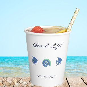 Vasos De Papel Casa de playa de peces y conchas azules y blancas