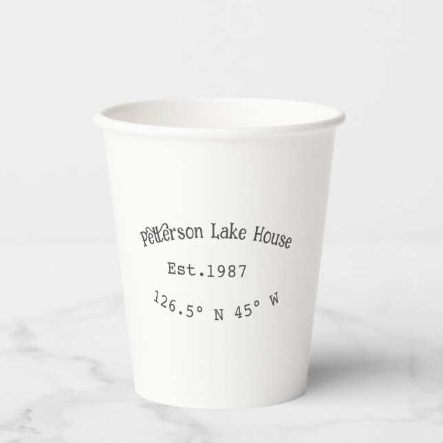 Vasos De Papel Casa del lago. Fecha año personalizado coordenadas (Anverso)