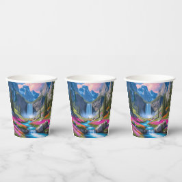 Vasos De Papel Cascada panorámica y paisaje de montaña