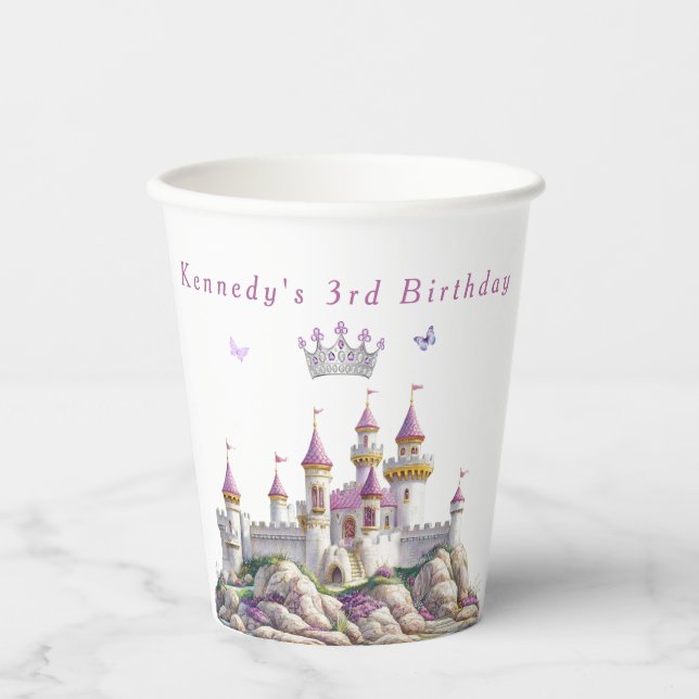 Vasos De Papel Castillo de Princesa Corona de Plata Piedras Rosas (Anverso)