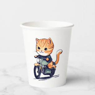 Vasos De Papel CAT CUTE en motocicleta con camiseta clásica (8)