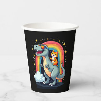 Vasos De Papel Cat Riding Dinosaur T-Rex Kitten Rainbow Dino Funn
