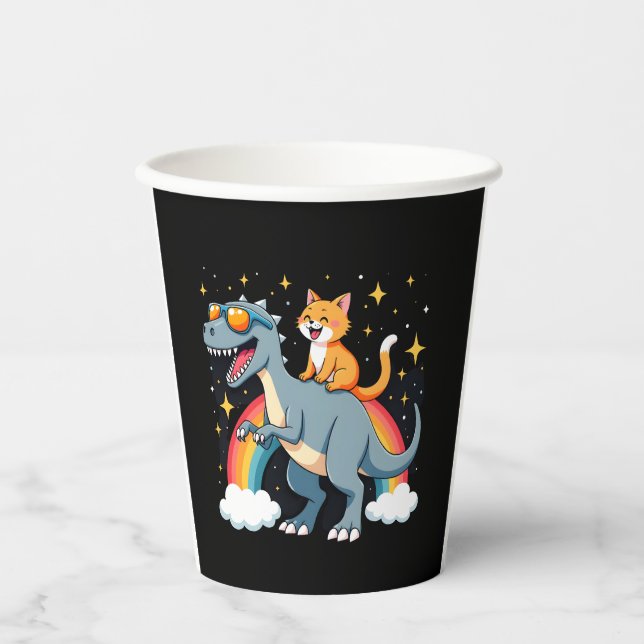 Vasos De Papel Cat Riding Dinosaur T-Rex Kitten Rainbow Dino Funn (Anverso)