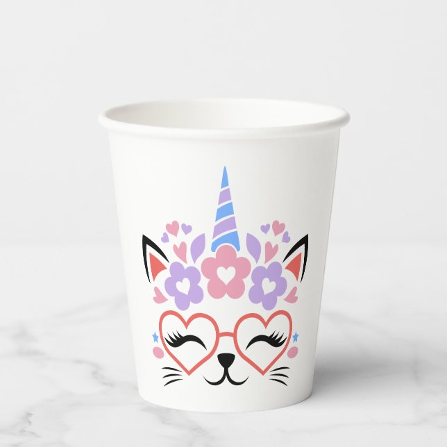 Vasos De Papel Cat Unicorn Pink Purple Blue Cute Fiesta divertido (Reverso )
