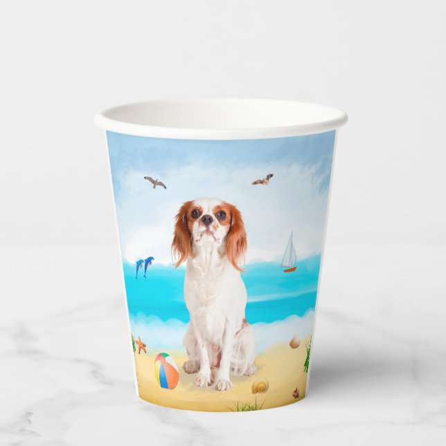 Vasos De Papel Cavalier King Dog en la playa (Anverso)