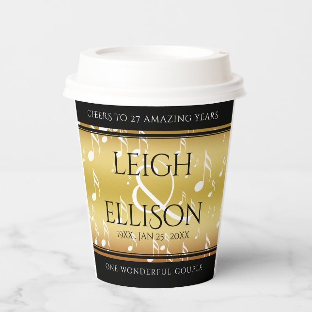 Vasos De Papel Celebración del 27º Aniversario de Boda de Música  (Anverso)