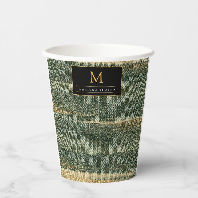 Vasos De Papel Cepillo verde elegante con oro y negro (Anverso)