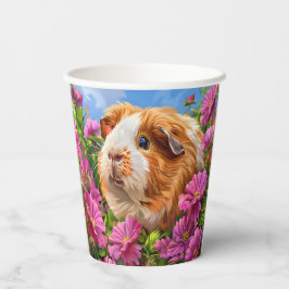 Vasos De Papel Cerdo guineano entre flores rosadas