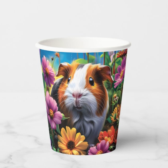 Vasos De Papel Cerdo guineano entre flores vibrantes (Anverso)