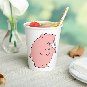 Vasos De Papel Cerdo Hambriento Divertido Sosteniendo Tenedor y C