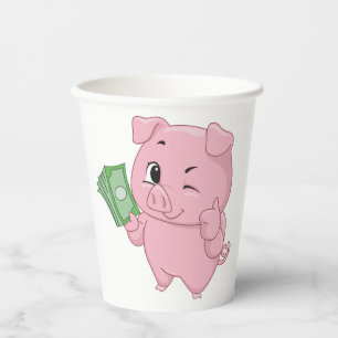 Vasos De Papel Cerdo Rosa Sosteniendo Dinero Dando Pulgar Hacia A