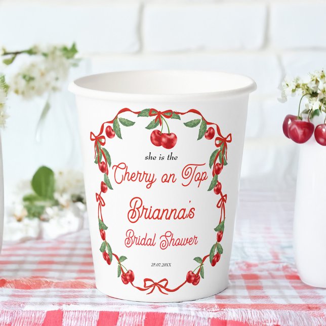 Vasos De Papel Cereza encima de la cinta coqueta ducha de novia (Cherry on top ribbon coquette cherry summer bridal shower monogrammed paper cups personalized decor)