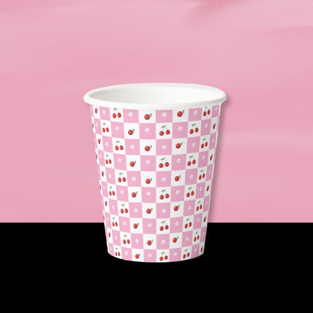 Vasos De Papel Cereza, Florcita, Copa de papel rosa blanco (Cute summer party white and pink paper cups with the pattern of cherries and little flowers . )