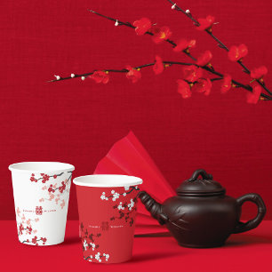 Vasos De Papel Cerezas Rojas en Flor y Doble Xi en Bodas Chinas