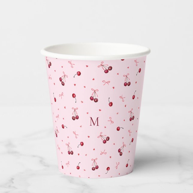 Vasos De Papel Cerezas Rojas Rosadas Monograma con Corazones y La (Anverso)