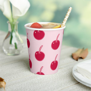 Vasos De Papel Cerezas Rosadas Femeninas Cumpleaños Rojo