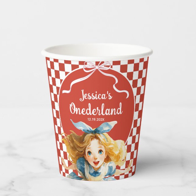 Vasos De Papel Checkered Alice in ONEDERLAND 1st Birthday Party (Anverso)