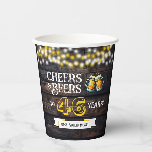 Vasos De Papel Cheers and Beers to 46 Years Rustic Birthday (Anverso)
