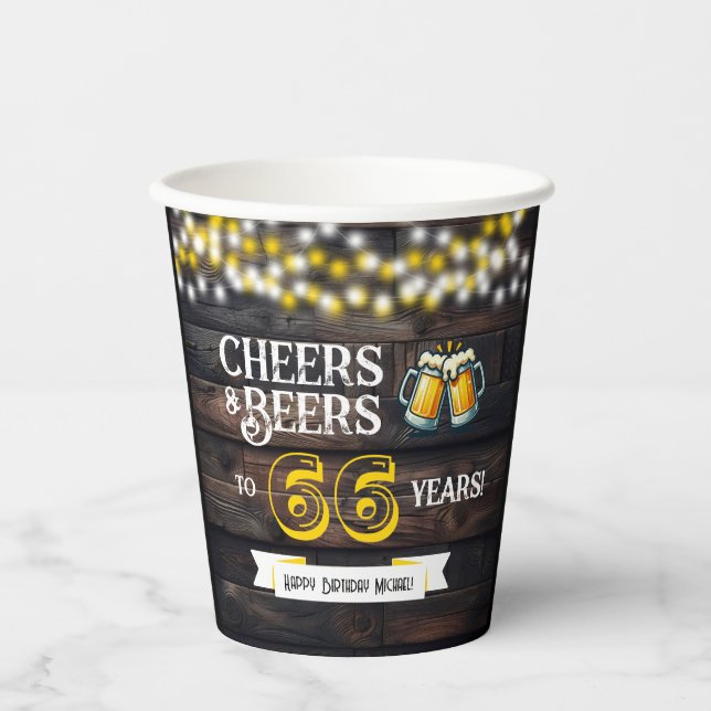 Vasos De Papel Cheers and Beers to 66 Years Rustic Birthday (Anverso)