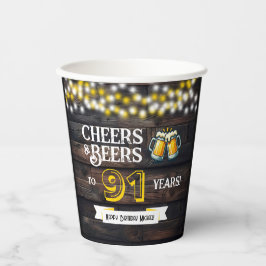 Vasos De Papel Cheers and Beers to 91 Years Rustic Birthday