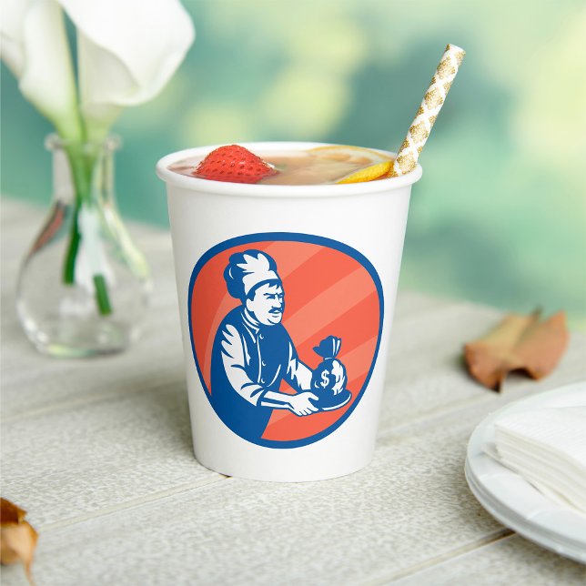 Vasos De Papel Chef Holding Money Bag Restaurant Finance (Subido por el creador)