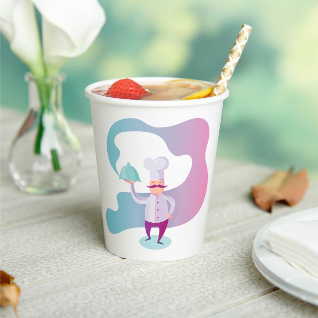 Vasos De Papel Chef sonriente con bigote y bandeja de servicio (Subido por el creador)