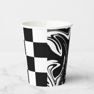 Vasos De Papel Cheques y Swirls - Blanco y negro