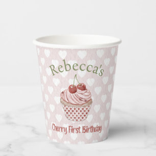 Vasos De Papel Cherry First Birday Coquette Watercolor Cupcake