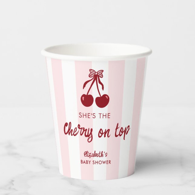 Vasos De Papel Cherry on Top Baby Shower Pink Stripes Coquette (Anverso)