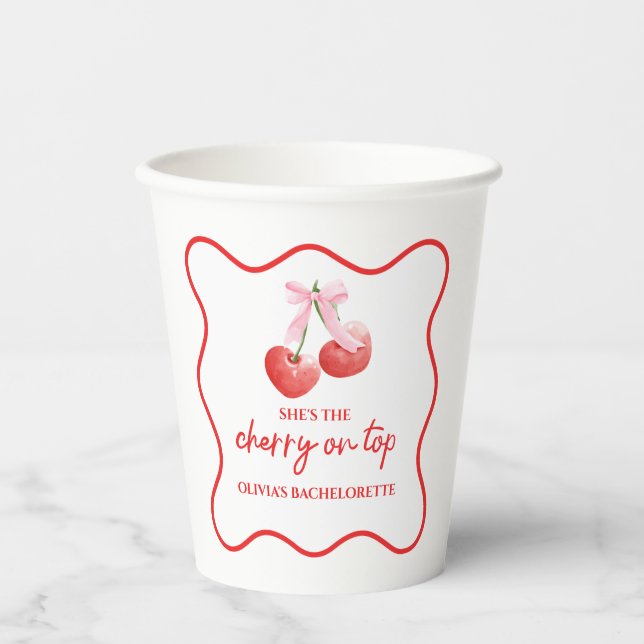 Vasos De Papel Cherry on Top Pink Bow Bachelorette (Anverso)