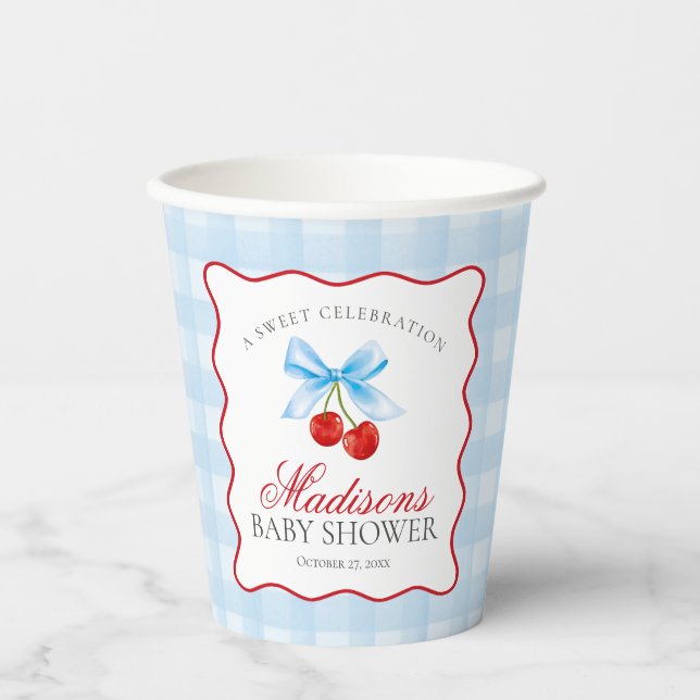 Vasos De Papel Cherry Sweet Blue Coquette Bow Gingham Baby Shower (Anverso)