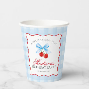 Vasos De Papel Cherry Sweet Blue Coquette Bow Gingham Cumpleaños