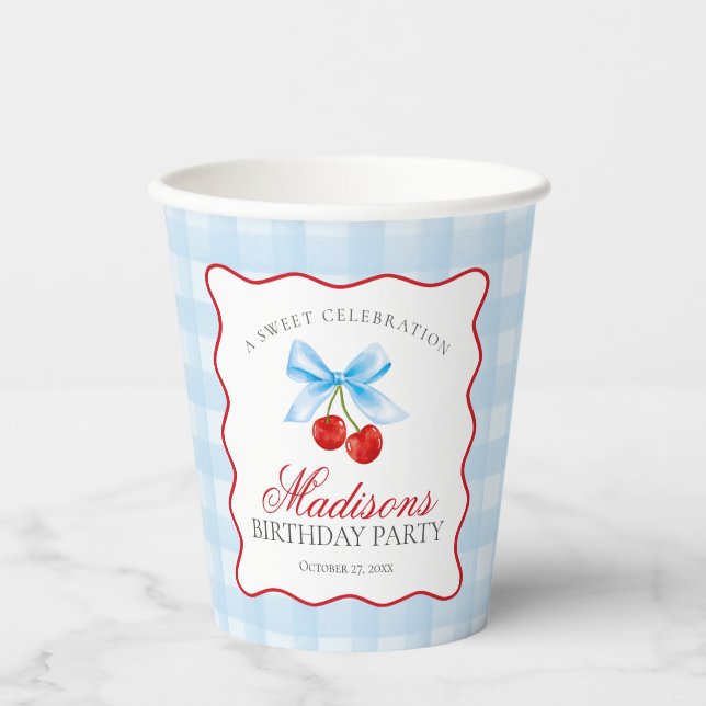 Vasos De Papel Cherry Sweet Blue Coquette Bow Gingham Cumpleaños (Anverso)