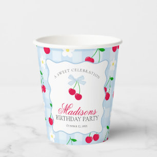 Vasos De Papel Cherry Sweet Blue Coquette Bow Gingham Cumpleaños