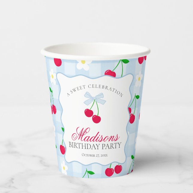 Vasos De Papel Cherry Sweet Blue Coquette Bow Gingham Cumpleaños (Anverso)